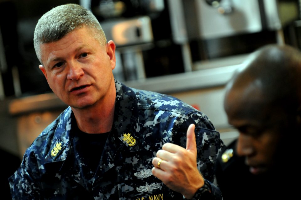 US Navy 090414-N-9818V-157 Master Chief Petty Officer of the Navy (MCPON) Rick West during an all hands call aboard the guided-missile destroyer USS Oscar Austin (DDG-79)