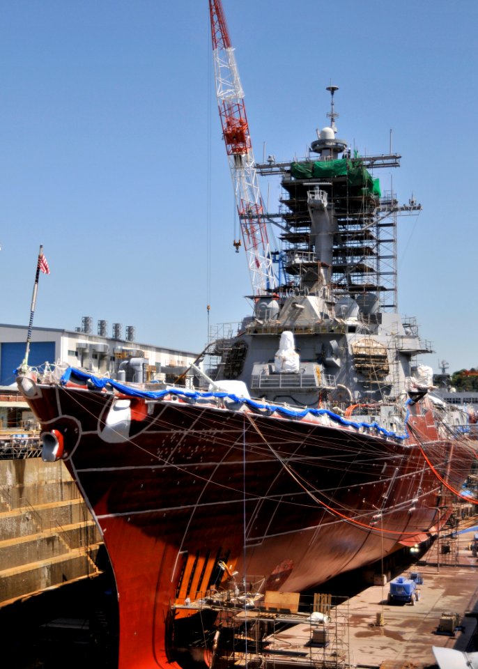 US Navy 090415-N-2013O-002 Arleigh-Burke class guided missile destroyer USS Lassen (DDG 82) is in dry dock during dry dock ship's restricted availability at Fleet Activities Yokosuka