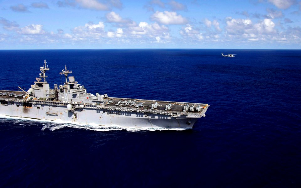 US Navy 090416-N-9150R-095 The amphibious assault ship USS Boxer (LHD 4) is underway in the Indian Ocean with an MH-60S Sea Hawk helicopter