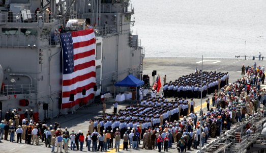 US Navy 090417-O-0000X-001 ailors assigned to Pre-Commissioning Unit (PCU) Makin Island (LHD 8) participate in the ceremony delivering the ship from Northrop Grumman Shipbuilding, Gulf Coast to the U.S. Navy