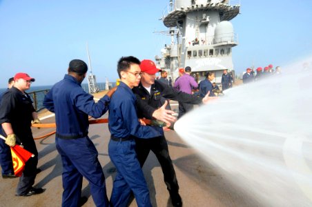 US Navy 090416-N-4399G-030 Sailors simulate emergency firefighting battle tactics and hose team procedures on the flight deck of the amphibious command ship USS Blue Ridge (LCC 19)