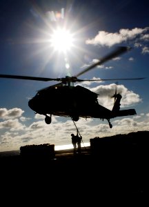 US Navy 090418-N-6538W-101 Sailors attach a cargo pendant to an MH-60S Sea Hawk helicopter from the