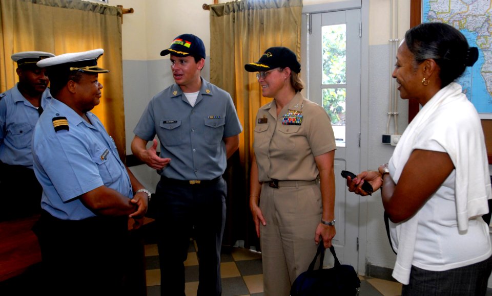US Navy 090418-N-7948C-123 Africa Partnership Station Nashville Commander Cindy Thebaud, center, and U.S. Ambassador to Sao Tome and Principe Eunice Reddick, right, visit Comandante Idalecio Joao, Commander, Sao Tome Island Coa