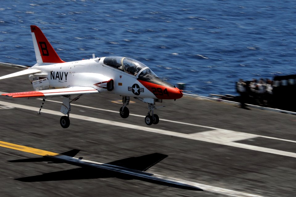 US Navy 090417-N-3659B-273 A T-45 Goshawk assigned to Training Air Wing (TW) 2 lands aboard the aircraft carrier USS Ronald Reagan (CVN 76)