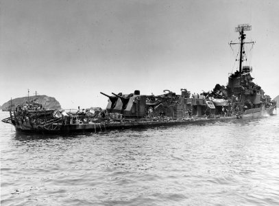 USS Aaron Ward (DM-34) damaged by kamikazes, May 1945 photo