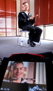 US Navy 090417-N-5328N-084 Cryptologic Technician (Interpretive) 1st Class Angel Diaz is interviewed by the Discovery Channel at the Defense Language Institute