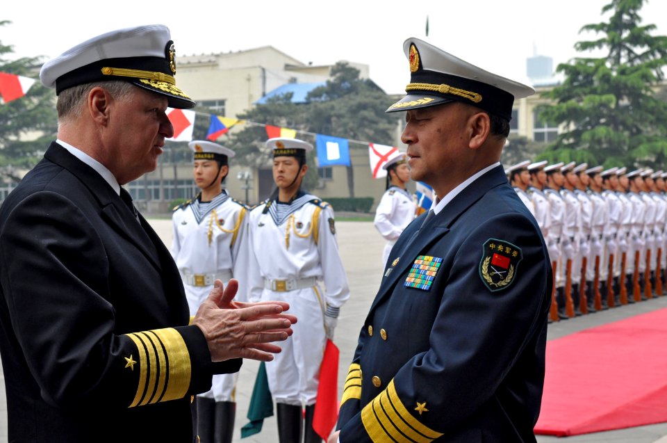 US Navy 090418-N-8273J-020 Chief of Naval Operations (CNO) Adm. Gary Roughead speaks with Adm. Wu Shengli, Commander-in-Chief of the People's Liberation Army Navy