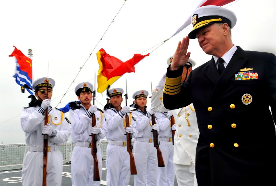 US Navy 090420-N-8273J-206 Chief of Naval Operations (CNO) Adm. Gary Roughead, right, salutes Sailors of the People's Liberation Army Navy type 920 hospital ship Daishandao (AHH 866) in Qingdao, China