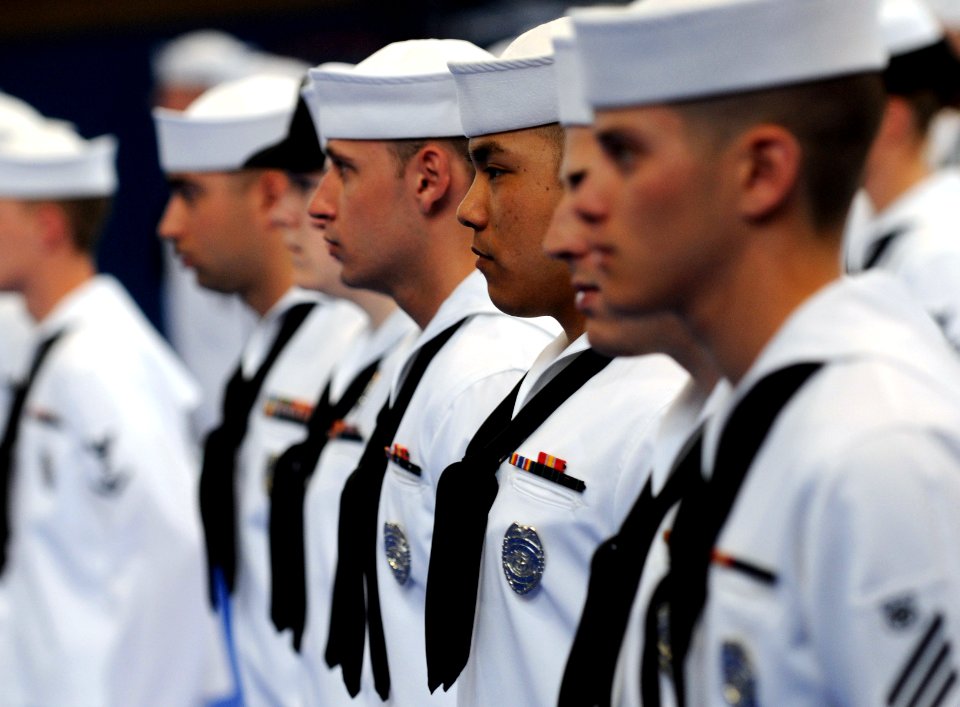 US Navy 090421-N-0807W-007 Sailors at Fleet Activities Sasebo (CFAS) stand in ranks during a service dress white inspection by Capt. Francis Xavier Martin, commander, Fleet Activities Sasebo