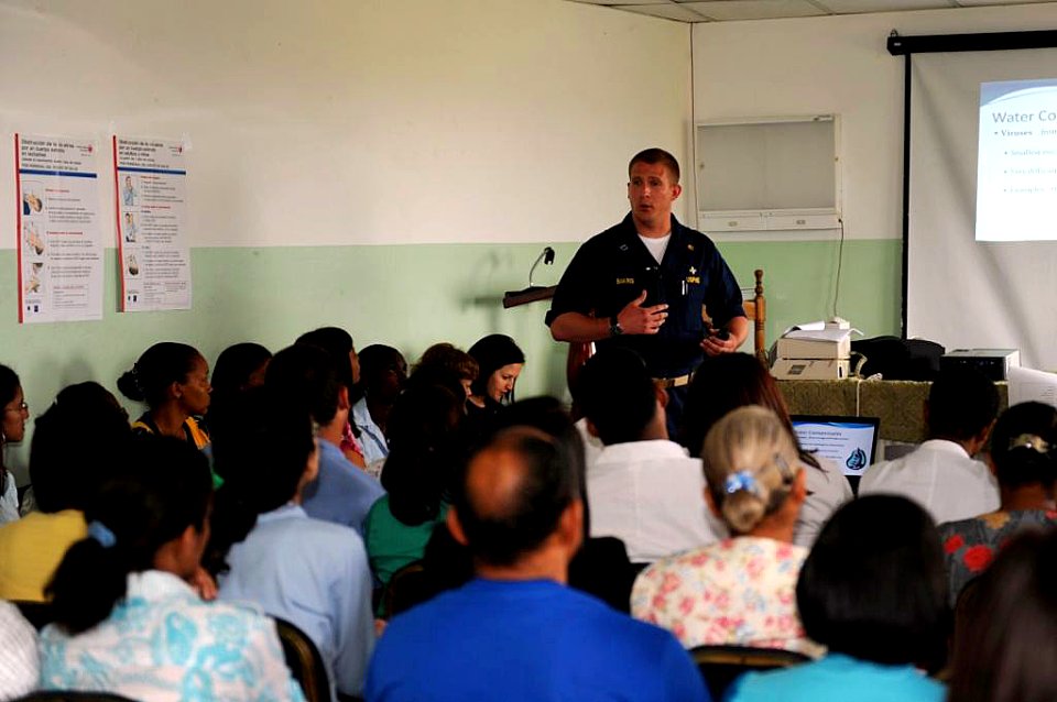 US Navy 090425-F-1333S-001 t. Derek Sakris teaches nurses from Project Hope and other local health care professionals in the Dominican Republic proper water sanitation procedures
