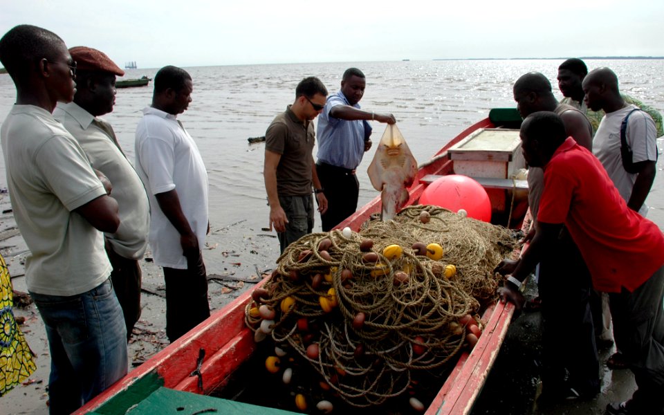 US Navy 090423-N-1655H-114 Portuguese Navy Lt. Cmdr. Antonio Mourinha, center, conducts a fisheries management course for Gabon Navy maritime enforcement personnel on endangered fish species