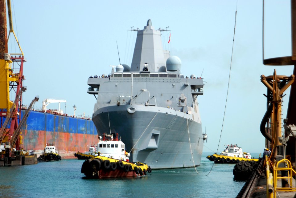 US Navy 090425-N-8053S-046 The amphibious transport dock ship USS New Orleans (LPD 18) is guided Saturday, April 25, 2009 into the Arab Shipbuilding ^ Repair Yard Company dry-dock facility
