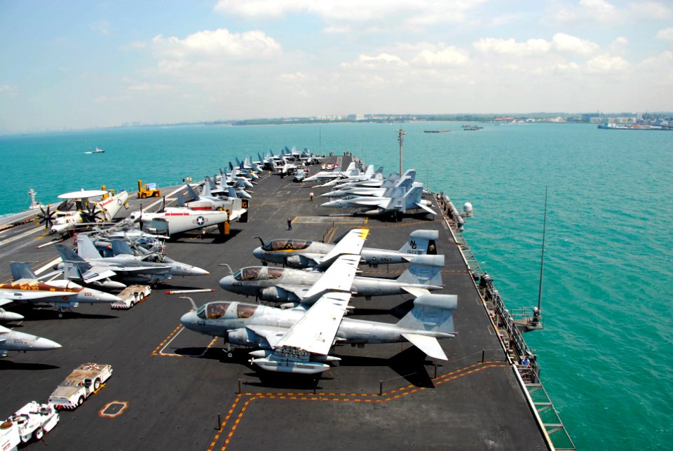 US Navy 090424-N-6597H-004 The aircraft carrier USS John C. Stennis (CVN 74) transits Singapore harbor