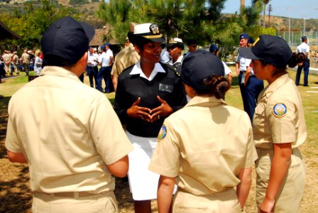 US Navy 090428-N-0890S-146 Cmdr. Lenora Langlais, medical officer recruiter for Navy Recruiting District San Diego, speaks with members of the La Habra High School Navy Junior ROTC program photo