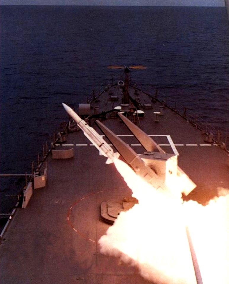 USS Arkansas (CGN-41) launches a RIM-66 Standard missile, circa in 1981
