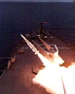 USS Arkansas (CGN-41) launches a RIM-66 Standard missile, circa in 1981