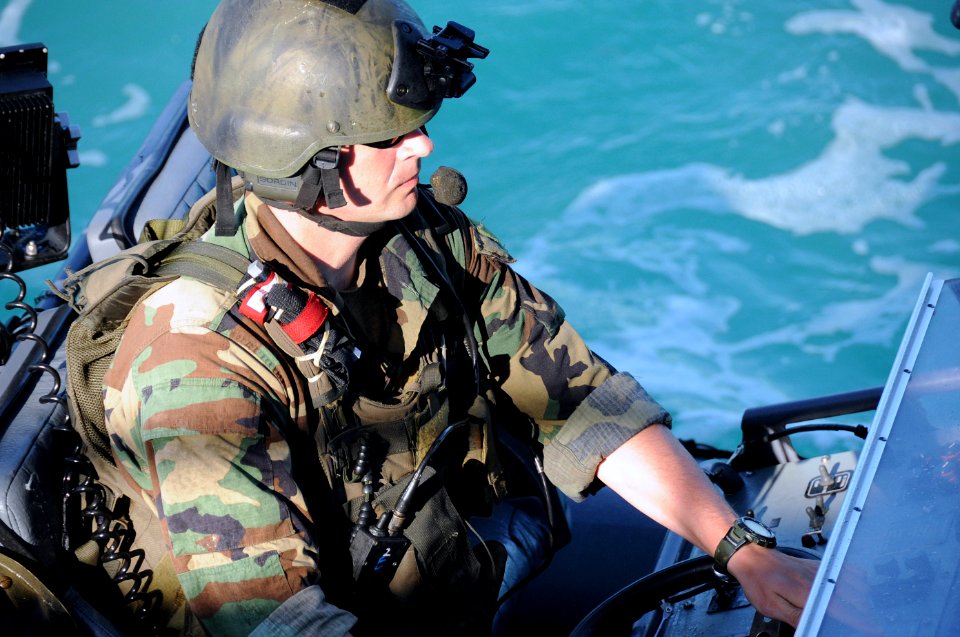 US Navy 090428-N-4205W-345 A Special Warfare Combatant-Craft Crewman (SWCC) assigned to Special Boat Team (SBT) 20 prepare to take down a yacht for a scene in the upcoming Bandito Brothers production