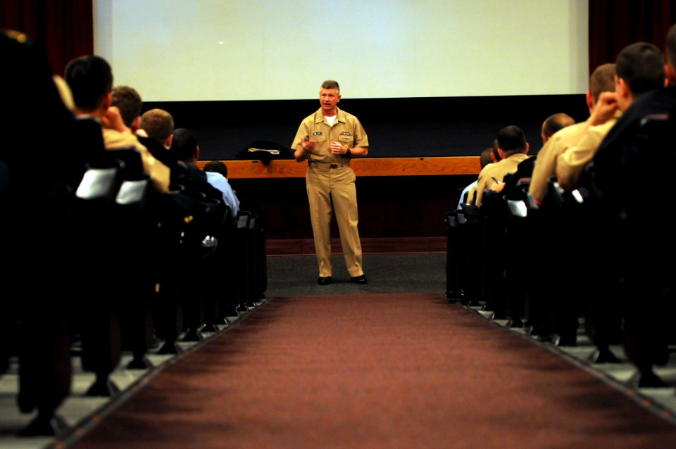 US Navy 090428-N-9818V-136 Master Chief Petty Officer of the Navy (MCPON) Rick West speaks with Sailors during an all-hands call at the Bangor Theater at Naval Base Kitsap Bangor