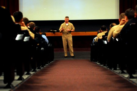 US Navy 090428-N-9818V-136 Master Chief Petty Officer of the Navy (MCPON) Rick West speaks with Sailors during an all-hands call at the Bangor Theater at Naval Base Kitsap Bangor photo