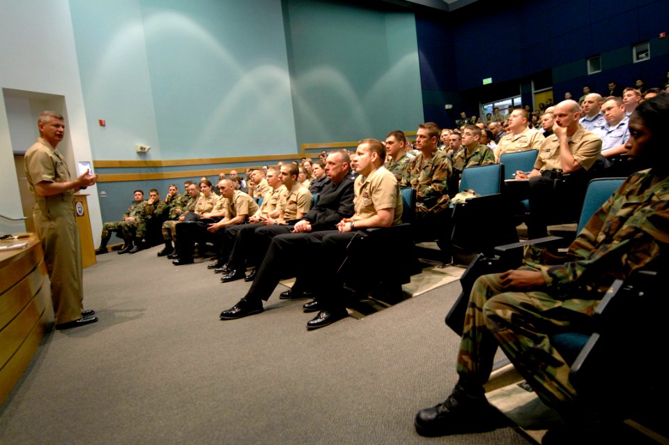 US Navy 090429-N-9818V-141 Master Chief Petty Officer of the Navy (MCPON) Rick West takes questions from Sailors at Naval Station Everett during an all-hands call at the Briefing Theater