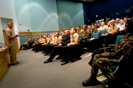 US Navy 090429-N-9818V-141 Master Chief Petty Officer of the Navy (MCPON) Rick West takes questions from Sailors at Naval Station Everett during an all-hands call at the Briefing Theater photo