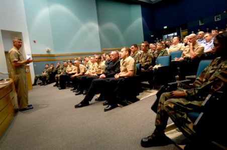 US Navy 090429-N-9818V-141 Master Chief Petty Officer of the Navy (MCPON) Rick West takes questions from Sailors at Naval Station Everett during an all-hands call at the Briefing Theater