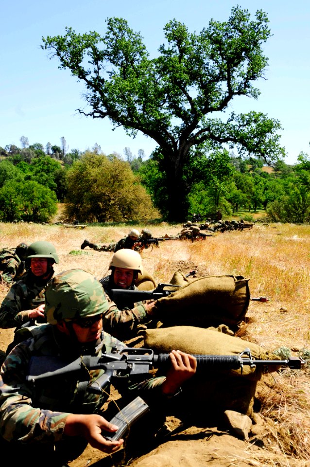 US Navy 090429-N-9584H-004 Seabees assigned to Naval Mobile Construction Battalion (NMCB) 22 repel a simulated enemy attack during Operation Bearing Duel 2009