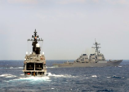 US Navy 090430-N-7280V-337 The Japan Maritime Self-Defense Force destroyer JDS Kurama (DDH 144), left, and the guided-missile destroyer USS Fitzgerald (DDG 62) take part in Exercise Malabar 2009