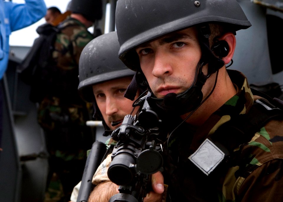 US Navy 090501-N-1251W-003 Gunner's Mate 2nd Class Thomas Frederick, a member of the visit, board, search and seizure (VBSS) team of the guided-missile destroyer USS Fitzgerald (DDG 62), secures a perimeter