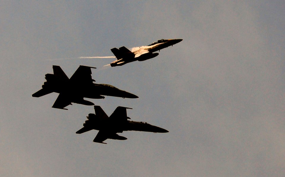 US Navy 090504-N-6538W-038 PACIFIC OCEAN (May 4, 2009) During the airborne change of command of the Strike Fighter Squadron (VFA) 146, Cmdr. Jeffrey Czerewko pulls away from the three plane formation, transferring command of th