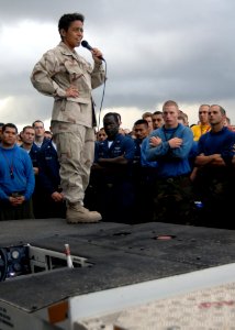 US Navy 090504-N-6639M-028 Rear Adm. Michelle Howard, commander of Expeditionary Strike Group (ESG) 2, addresses Sailors and Marines assigned to the amphibious assault ship USS Boxer (LHD 4)