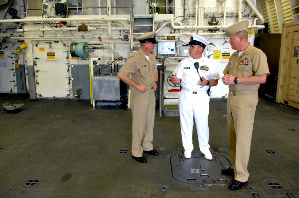 US Navy 090506-N-9818V-050 old Crew Command Master Chief Tony Decker gives Master Chief Petty Officer of the Navy (MCPON) Rick West and Master Chief Johnny Walker a tour of the littoral combat ship USS Freedom (LCS 1)