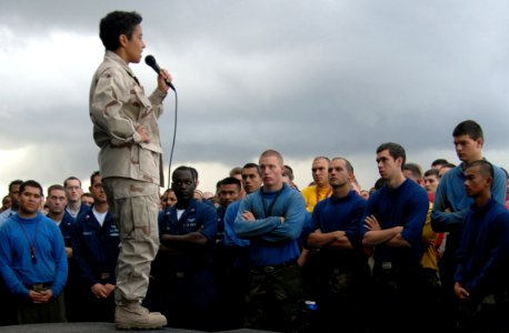 US Navy 090504-N-6639M-029 Rear Adm. Michelle Howard, commander of Expeditionary Strike Group (ESG) 2, addresses Sailors and Marines assigned to the amphibious assault ship USS Boxer (LHD 4)