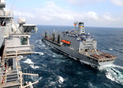 US Navy 090508-N-1644H-211 The aircraft carrier USS George Washington (CVN 73) pulls alongside the Military Sealift Command fleet replenishment oiler USNS John Ericsson (T-AO 194) during a replenishment-at-sea
