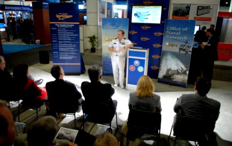 US Navy 090505-N-7676W-051 Capt. Paul Essig, Assistant Chief of Naval Research, addresses more than 70 members of industry, academia, and the media about the Office of Naval Research