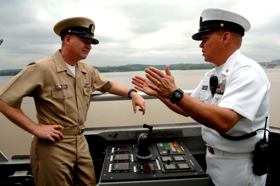 US Navy 090506-N-9818V-132 Gold Crew Command Master Chief Tony Decker gives Master Chief Petty Officer of the Navy (MCPON) Rick West a tour of the littoral combat ship USS Freedom (LCS 1)