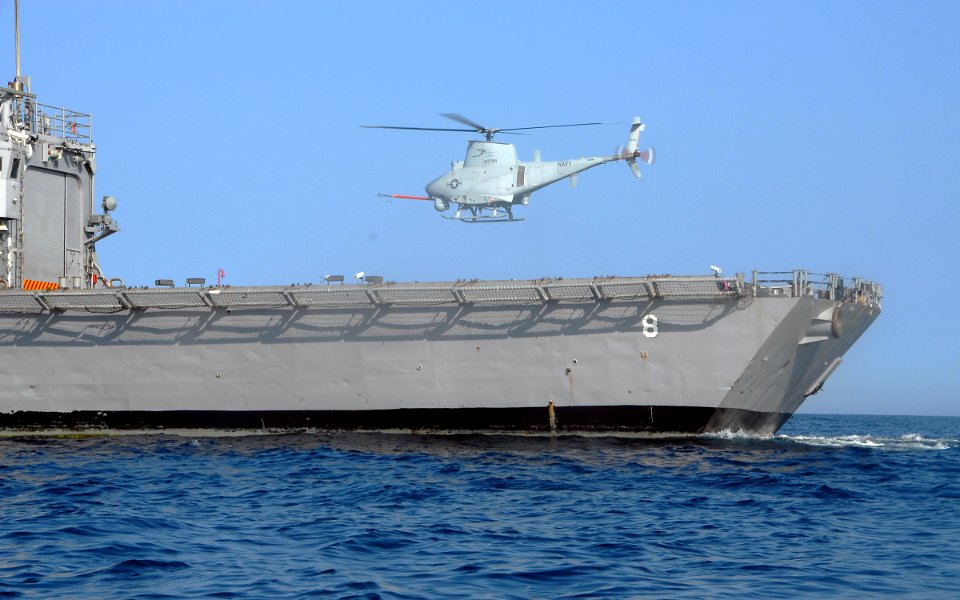 US Navy 090508-N-2821G-059 The Northrop Grumman Corporation-developed Unmanned Aerial Vehicle MQ-8B Fire Scout hovers over the flight deck of the guided-missile frigate USS McInerney (FFG 8)