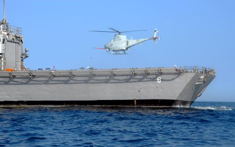US Navy 090508-N-2821G-059 The Northrop Grumman Corporation-developed Unmanned Aerial Vehicle MQ-8B Fire Scout hovers over the flight deck of the guided-missile frigate USS McInerney (FFG 8)
