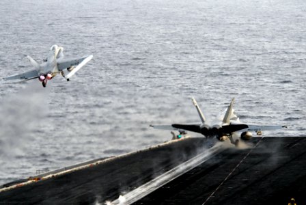 US Navy 090507-N-9909C-298 GULF OF OMAN (May 7, 2009) Two F-18C Hornets from the