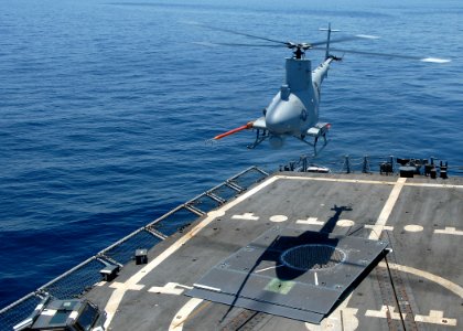 US Navy 090508-N-2821G-146 The Northrop Grumman Corporation-developed Unmanned Aerial Vehicle MQ-8B Fire Scout hovers over the flight deck of the guided-missile frigate USS McInerney (FFG 8)