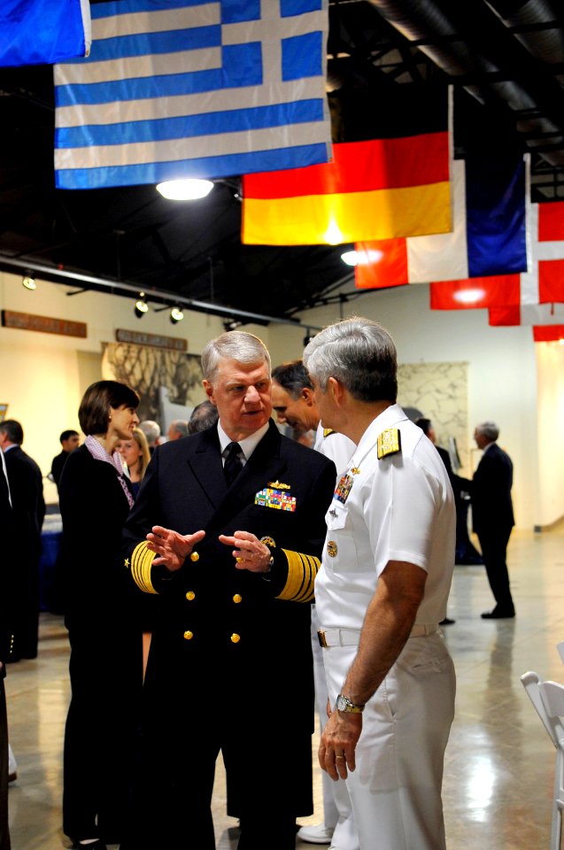 US Navy 090506-N-8273J-114 Chief of Naval Operations (CNO) Adm. Gary Roughead speaks with director of Naval Nuclear Propulsion Adm. Kirkland Donald during the 1000th OHIO-Class Strategic Deterrent Patrol Ceremony at the Washing