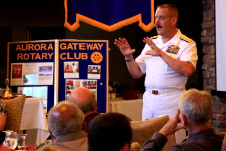 US Navy 090508-N-3038C-499 Rear Adm. Albert Garcia III, deputy Commander, Naval Facilities Engineering Command deputy chief of civil engineers, speaks to members of the Aurora Gateway Rotary Club during Denver Navy Week
