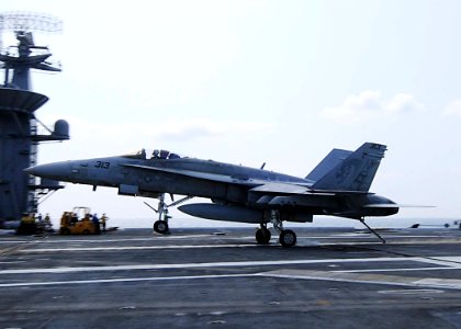 US Navy 090509-N-1062H-067 PACIFIC OCEAN (May 9, 2009) An F-A-18C Hornet from the Golden Dragons of Strike Fighter Squadron (VFA) 192 lands aboard the aircraft carrier USS George Washington (CVN 73)