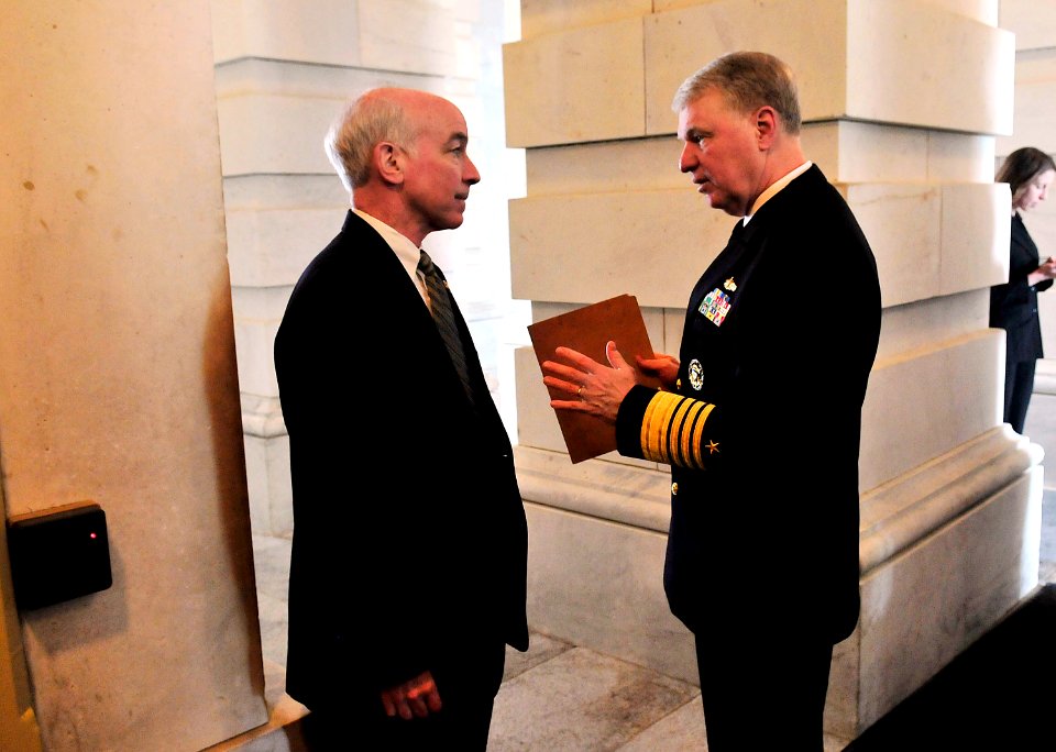 US Navy 090506-N-8273J-039 Chief of Naval Operations (CNO) Adm. Gary Roughead speaks with U.S. Rep. Joe Courtney after meeting with the House Appropriations Committee concerning Military Construction at the U.S. Capitol