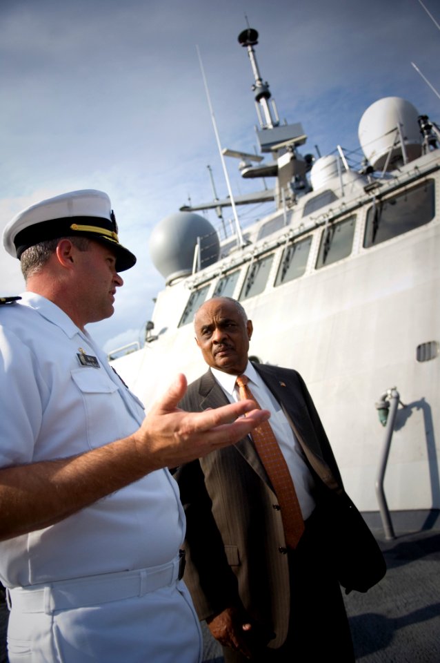 US Navy 090508-N-5549O-045 Cmdr. Michael P. Doran, Gold Crew Commanding Officer of the littoral combat ship USS Freedom (LCS 1), gives Acting Secretary of the Navy the Honorable BJ Penn a tour of the ship