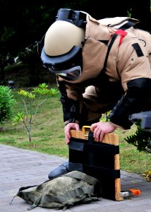 US Navy 090512-N-2013O-070 xplosive Ordnance Disposal Technician 1st Class Taylor King, from Concorde, N.C., a member of Explosive Ordnance Disposal Mobile Unit 5, Det. Japan, prepares X-rays a simulated improvised explosive de