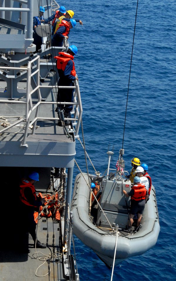 US Navy 090508-N-2821G-250 ATLANTIC OCEAN (May 8, 2009) Sailors aboard the guided-missile frigate USS McInerney (FFG 8) lower a rigid hull inflatable boat into the water