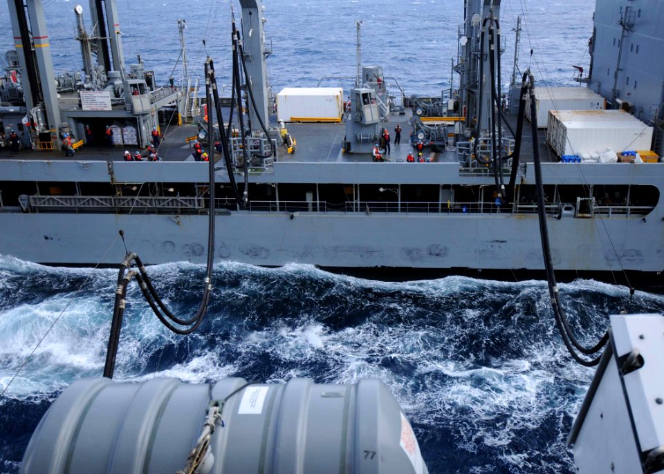 US Navy 090508-N-1062H-022 The Military Sealift Command fleet replenishment oiler USNS John Ericsson (T-AO 194) and the aircraft carrier USS George Washington (CVN 73) transfer aviation fuel during a replenishment-at-sea