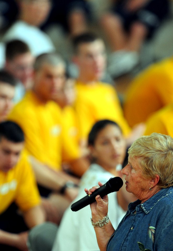 US Navy 090508-N-5328N-079 PENSACOLA, Fla. (May 8, 2009) Holocaust survivor Wanda Wolosky, from Phoenix, Ariz., relates at the Corry Station gym to Center for Information Dominance Corry Station staff and students