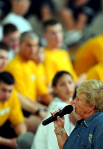 US Navy 090508-N-5328N-079 PENSACOLA, Fla. (May 8, 2009) Holocaust survivor Wanda Wolosky, from Phoenix, Ariz., relates at the Corry Station gym to Center for Information Dominance Corry Station staff and students